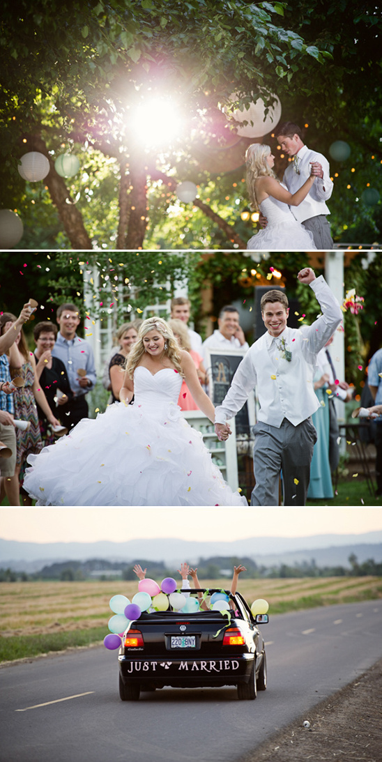 Newlyweds celebrate at their outdoor wedding and drive away