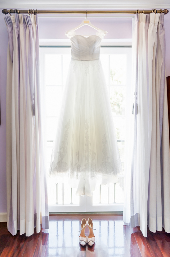 Elegant wedding gown and bridal shoes ready for the big day