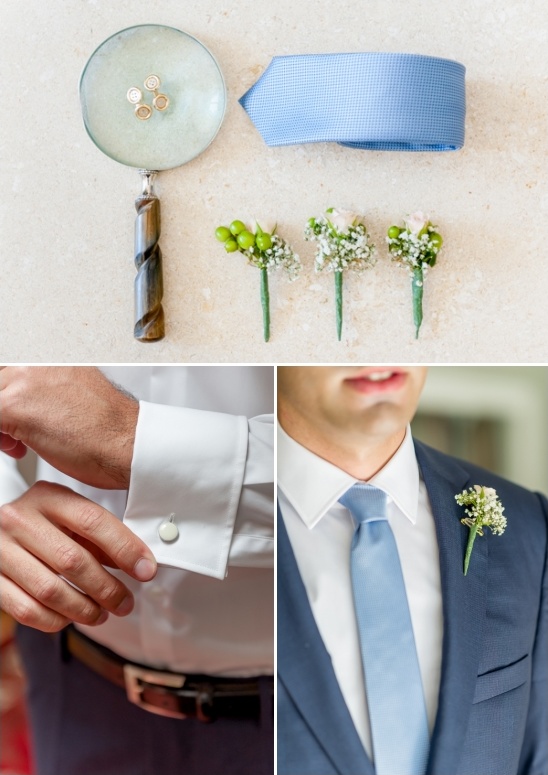 Groom getting ready: cufflinks, tie, boutonnieres