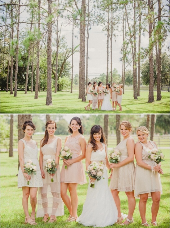 Bride and bridesmaids in neutral dresses outdoors