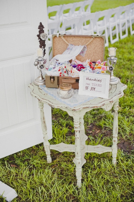 Wedding hankies on antique table outdoor ceremony