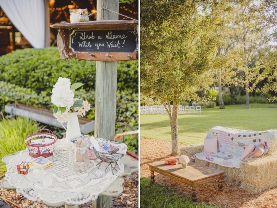 Rustic wedding scene with games and cozy hay bale sofa