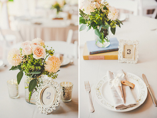 Wedding reception table setting with floral centerpieces