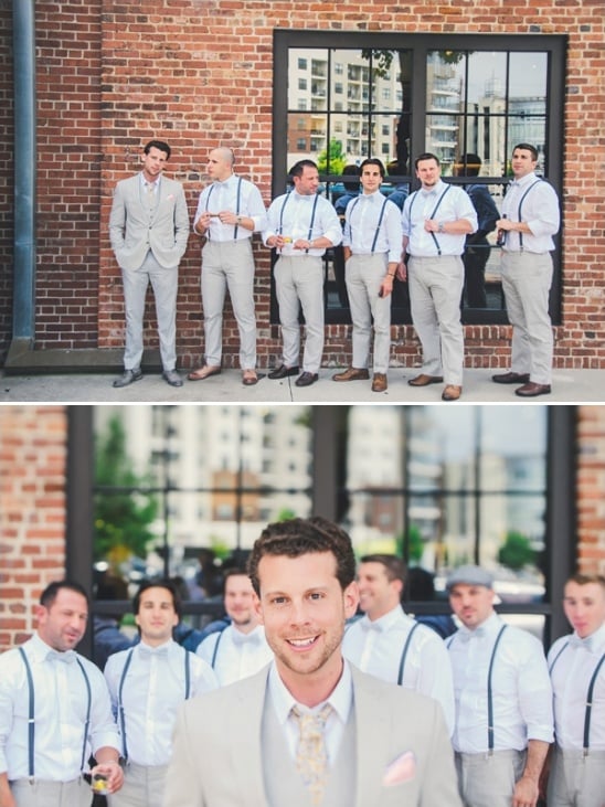 grey groomsmen in suspenders