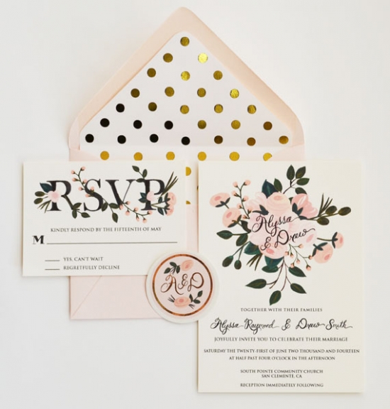 Elegant wedding invitation suite with floral design and gold accents