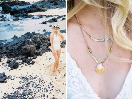Woman on beach with a seashell necklace, wearing a flower crown