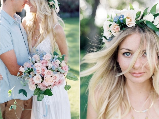 Wedding couple with flowers and bride with floral crown