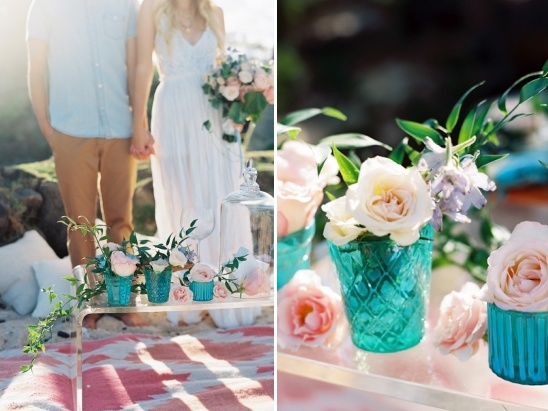 Romantic outdoor wedding decor with roses and turquoise vases