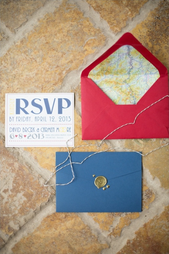 Wedding invitation with RSVP card and sealed blue envelope