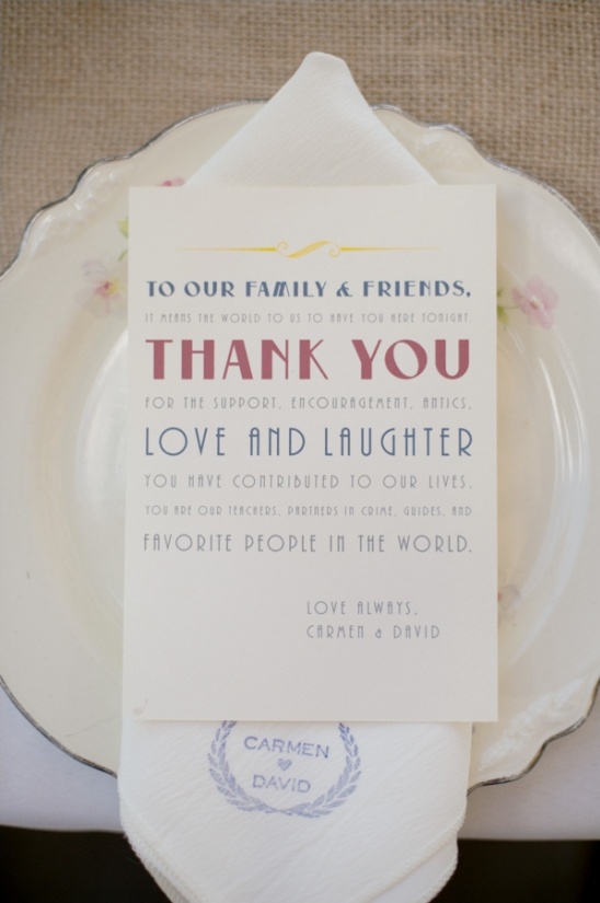Wedding thank you card with plate and napkin, Carmen & David