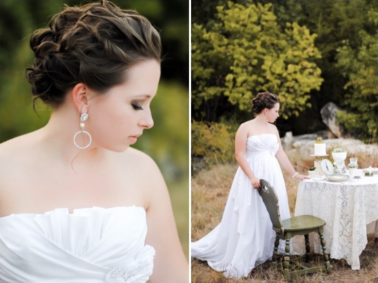 Elegant bride in white dress at outdoor wedding reception