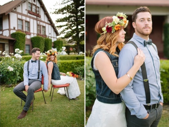 Romantic couple posing for wedding photos outdoors in garden