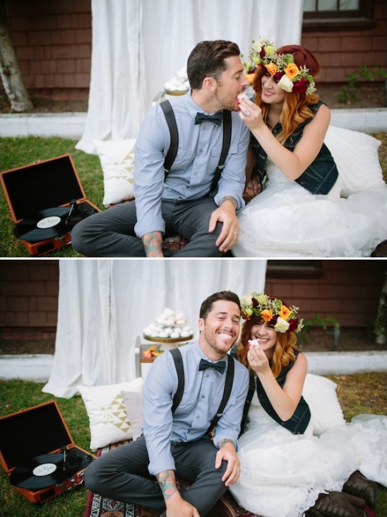 Wedding couple shares cupcake, smiling and celebrating their love