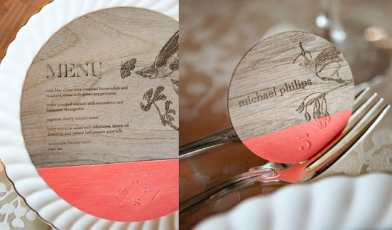 Wooden wedding menu and name card with salmon accent