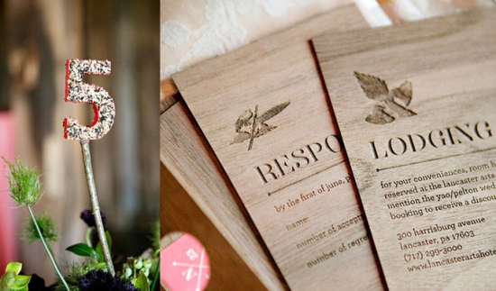 Wedding table number five and wood invitation cards
