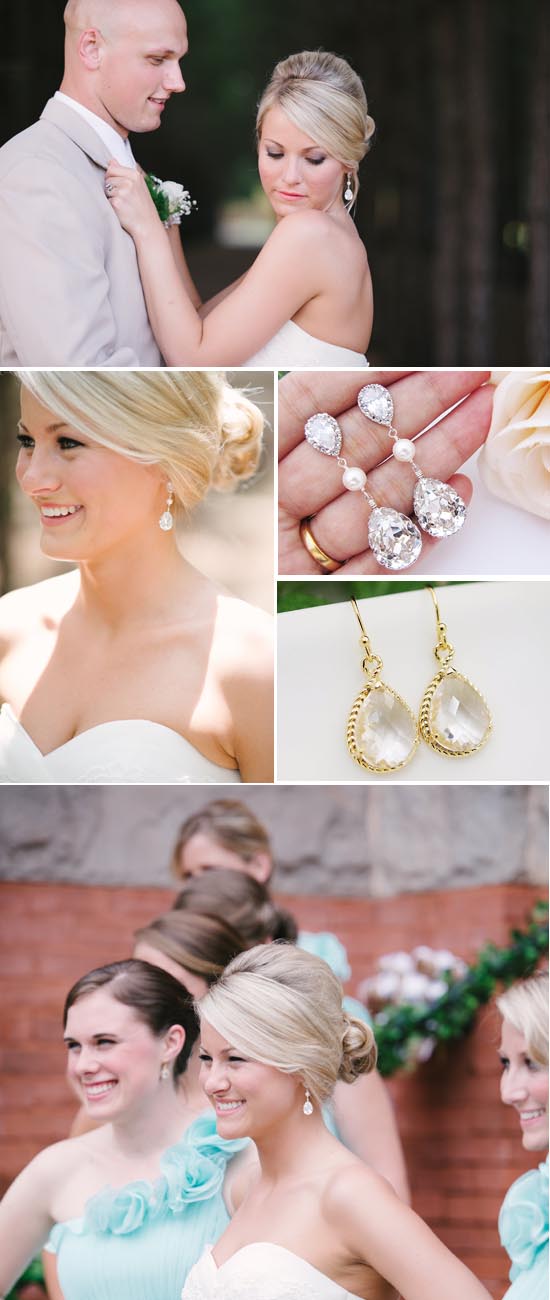 Elegant bride and bridesmaids with teardrop earrings at a wedding