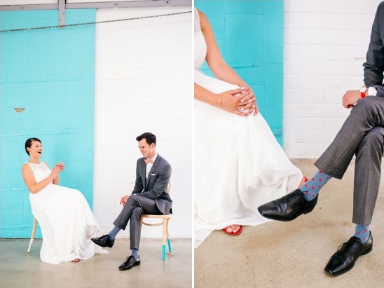 Bride and groom share a fun moment before their wedding ceremony
