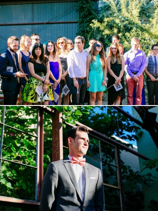 Wedding guests waiting for the groom at a outdoor ceremony