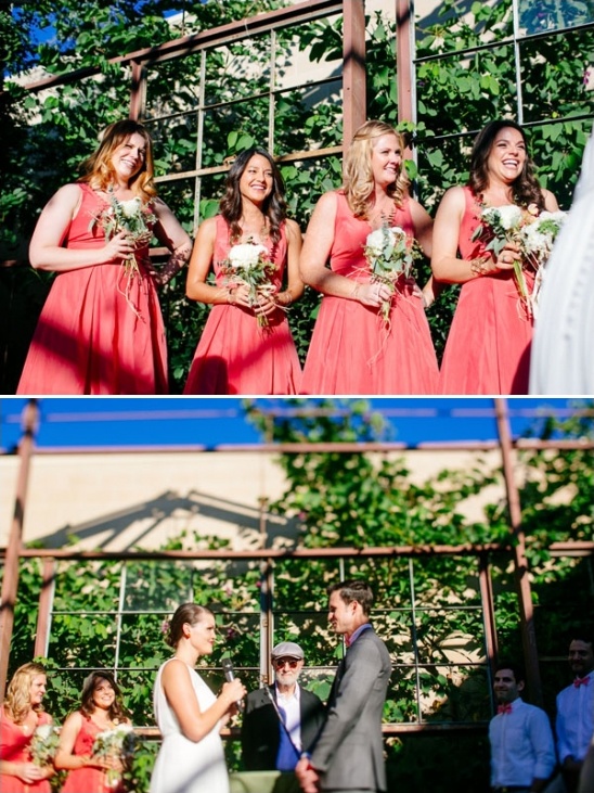 Wedding ceremony with bridesmaids and couple smiling together