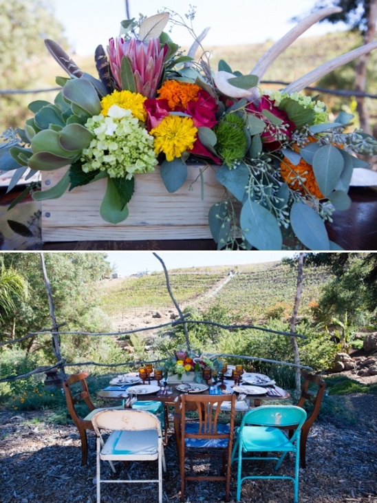 Colorful floral arrangement and outdoor table setting