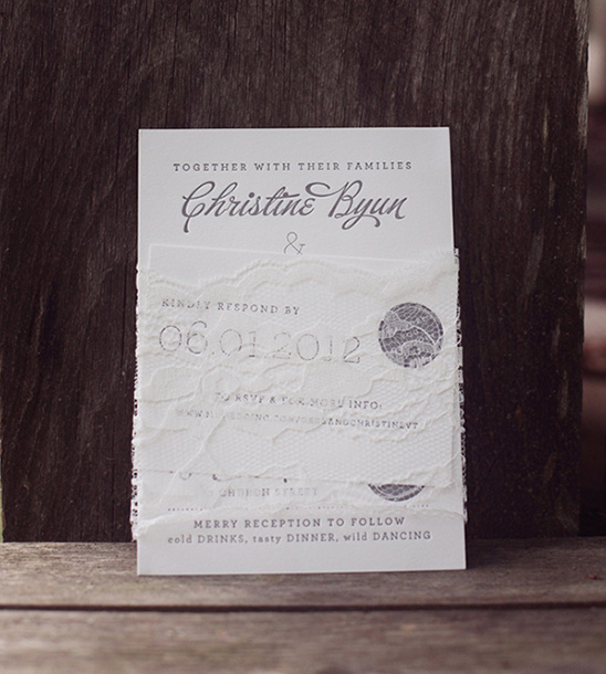 Elegant wedding invitation with lace, announcing the date