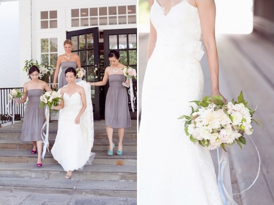 Bride and bridesmaids descending stairs in a beautiful wedding