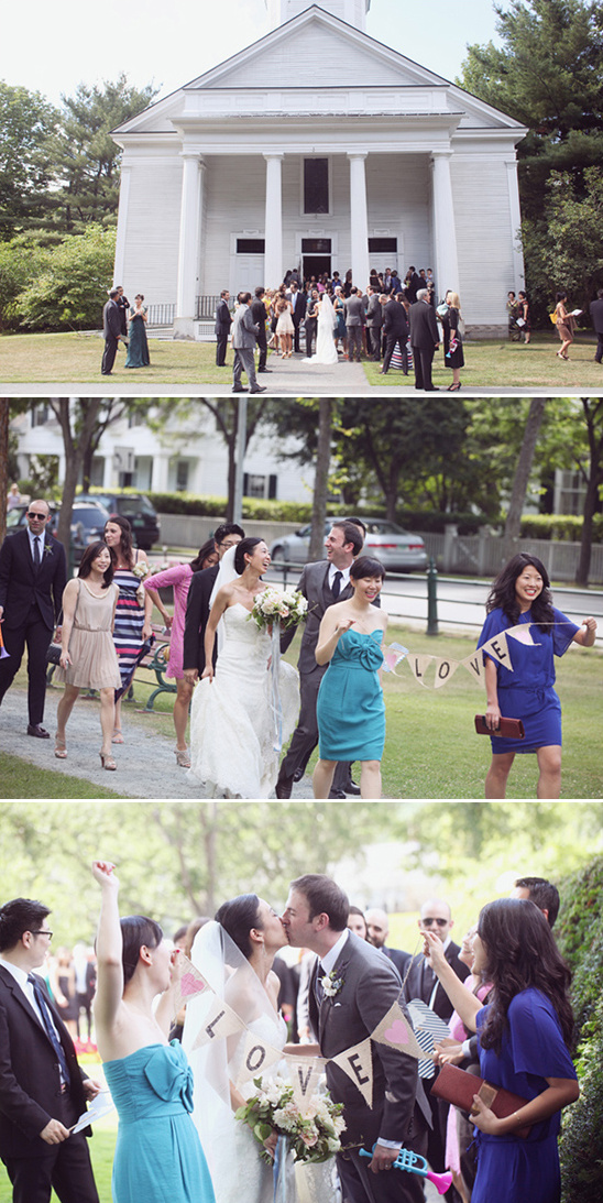 Elegant wedding ceremony outside a white church with a happy couple