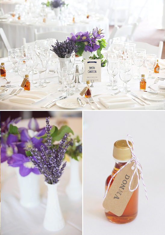 Elegant wedding table setting with floral centerpieces and favors