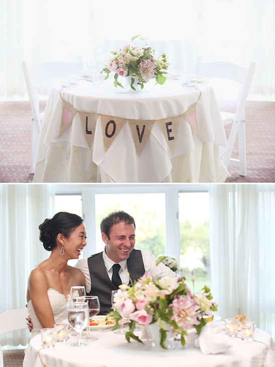 Wedding reception table setting with bride and groom smiling