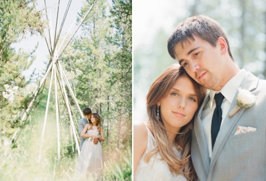 Bride and groom embracing outdoors at their wedding