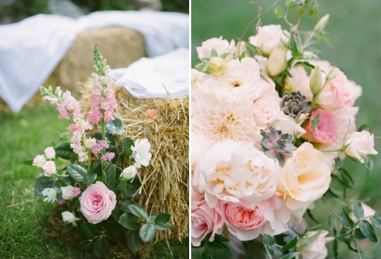 Hay bale seating and pastel floral arrangements