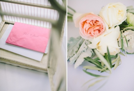 Pink invitation and roses bouquet for wedding decor