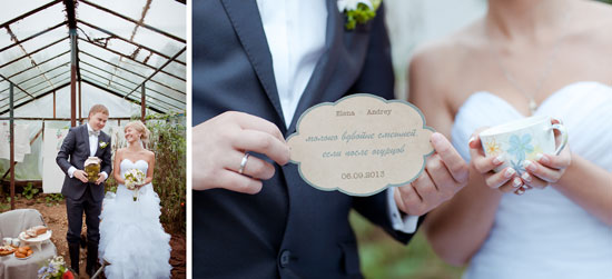 Rustic wedding couple with tea and pickles in greenhouse