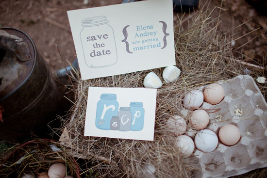 Rustic wedding save the date cards on hay with fresh eggs