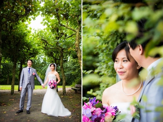 Elegant couple walking hand in hand in a beautiful park wedding ceremony