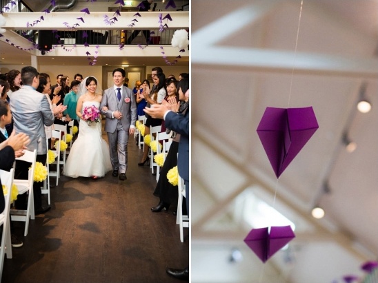 A happy couple walks down the aisle at a beautiful wedding ceremony