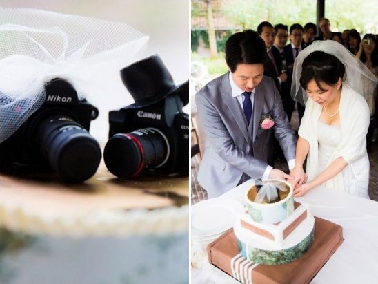 Wedding cameras on cake, couple cutting wedding cake