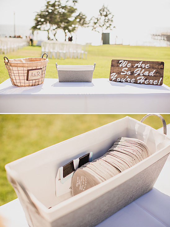 Wedding decor details: welcome sign, baskets, and guest favors