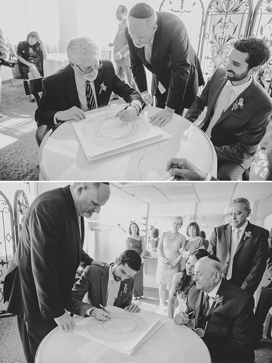 Jewish wedding ceremony with the ketubah signing in progress