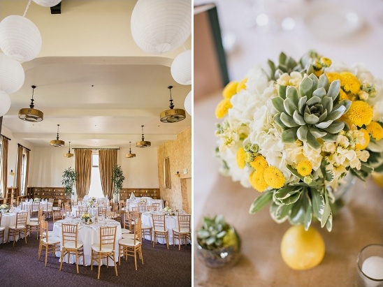 Wedding reception venue with round tables and floral decor