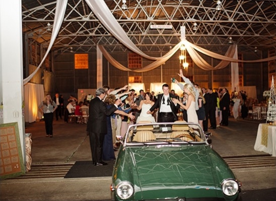 vintage car wedding exit