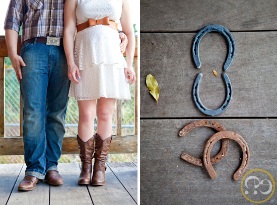 Country couple with horseshoes creating a unique pregnancy announcement