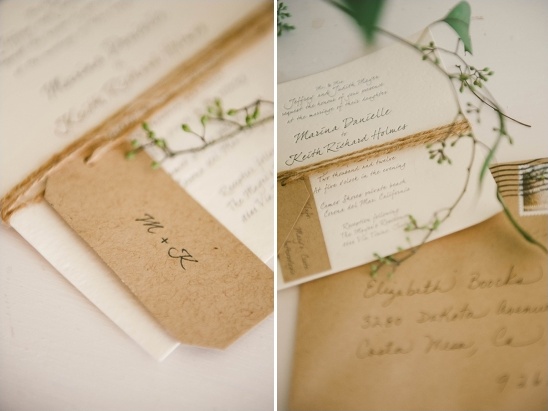 Rustic wedding invitations with twine and initials tag