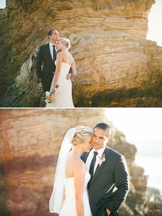Romantic beach wedding photo of a happy bride and groom