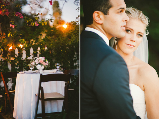 Wedding couple embracing near a beautifully set table for a romantic dinner