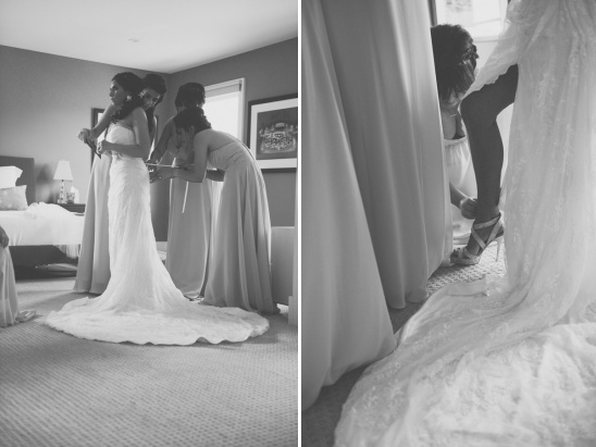 Bridesmaids helping bride get ready in a serene wedding moment