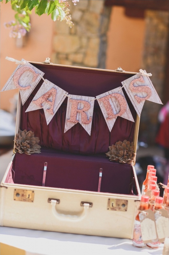 Vintage suitcase cards box with rose gold banner at a wedding