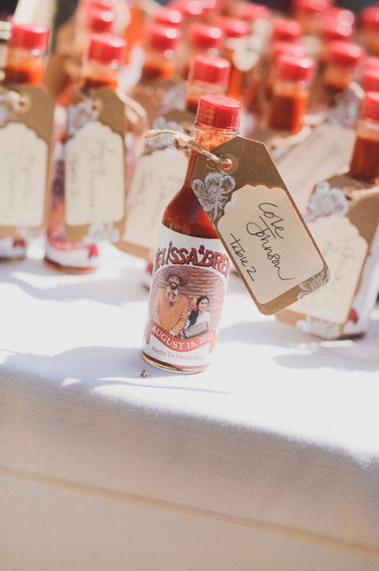 Hot sauce wedding favors with personalized labels and tags