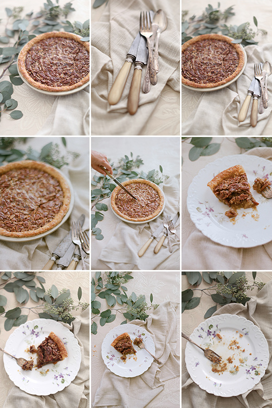 Nine images showing a delicious pecan pie served with silverware