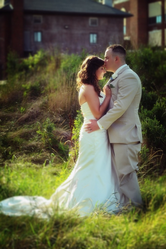 Elegant wedding couple in embrace, outdoors in a sunny field